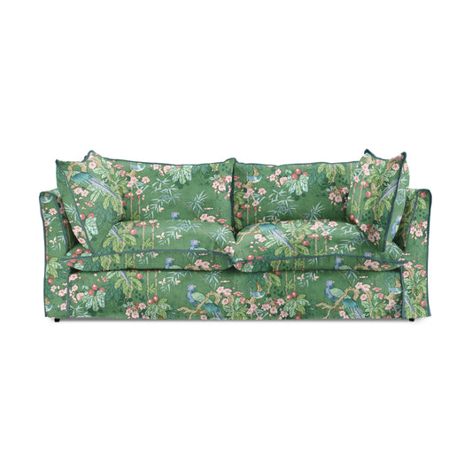 Coco 3 seater sofa with Knife Edge cushion in Juniper with Blue Lagoon Velvet Trim - Hand Made in USA