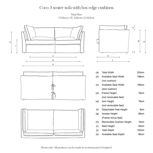 Coco 3 seater sofa with Self Piped Box Edge cushion in Customers Own Material (excl. Fabric)  - Hand Made in USA
