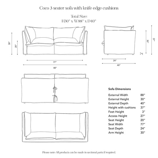 Coco 3 seater sofa with Self Piped Box Edge cushion in Customers Own Material (excl. Fabric)  - Hand Made in USA