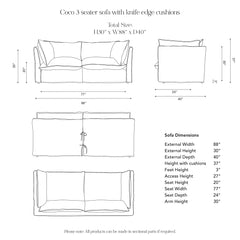 Coco 3 seater sofa with Self Piped Box Edge cushion in Customers Own Material (excl. Fabric)  - Hand Made in USA