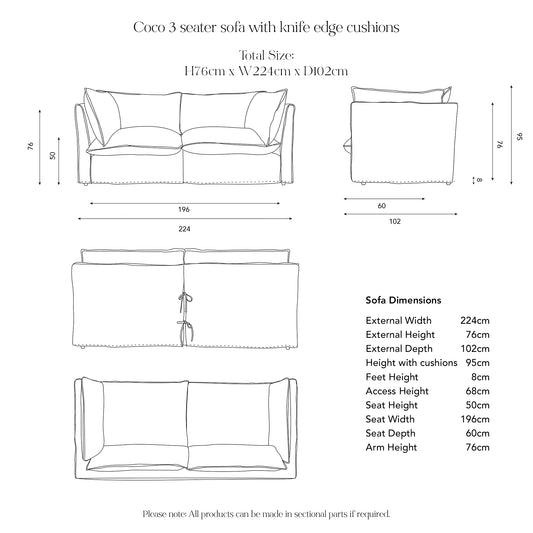 Coco Loose Cover 3 seater sofa with Knife Edge cushions in Customer's Own Material - Handmade to Order in the USA