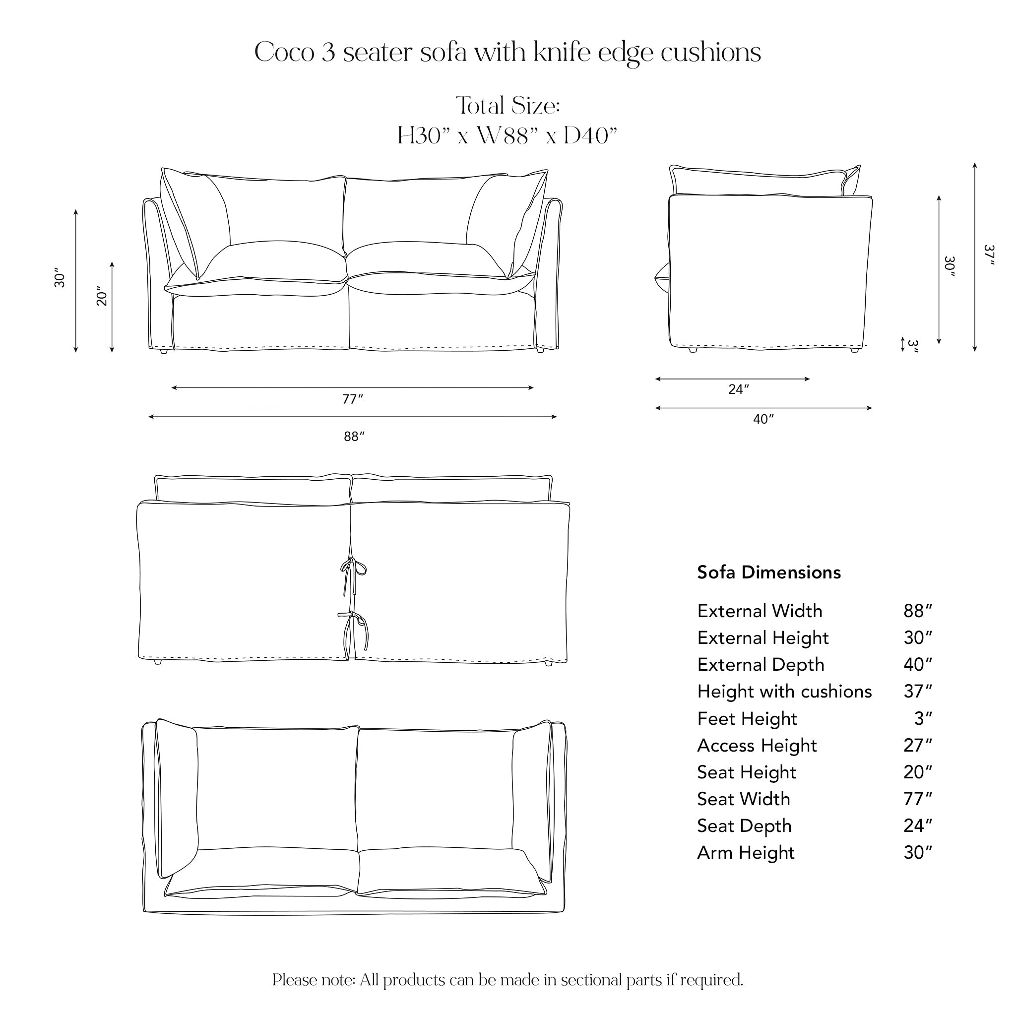 Coco 3 seater sofa dimensions