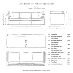 Coco 4 seater sofa with Self Piped Box Edge cushion in Magnolia Cream Blue - Hand Made in USA