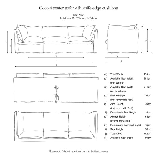 Coco 4 seater sofa with Contrast Welt Knife Edge cushion in Magnolia Cream Blue - Hand Made in USA
