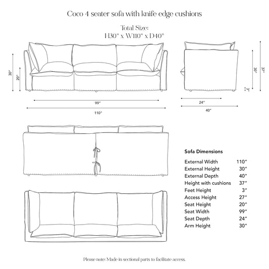 Coco 4 seater sofa with Contrast Welt Box Edge cushion in Magnolia Cream Blue - Hand Made in USA