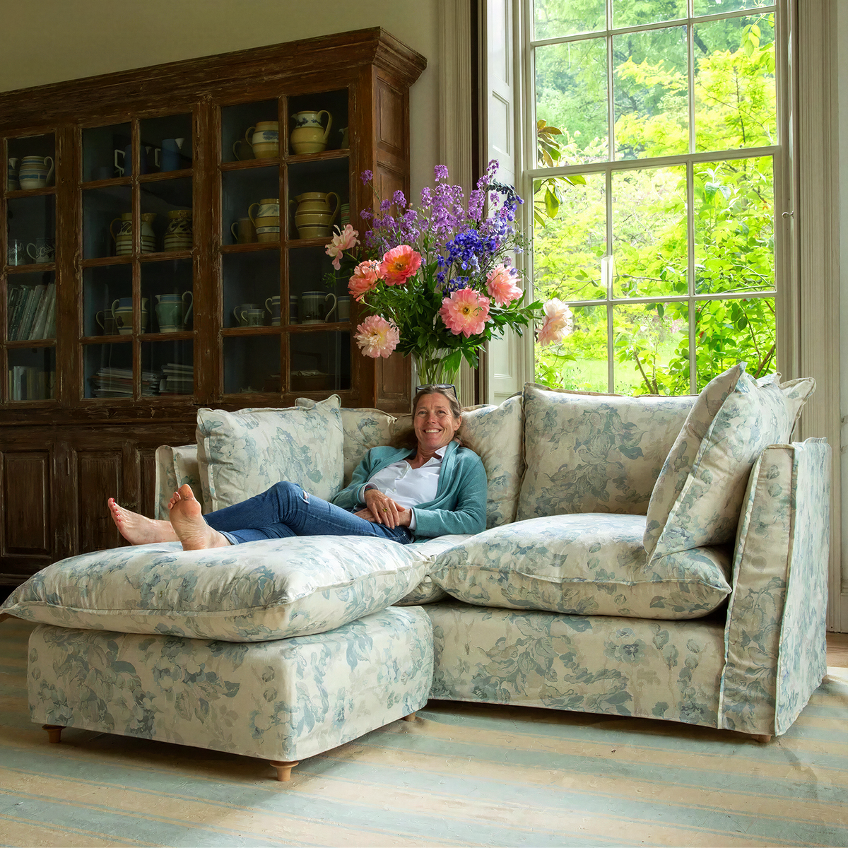 Coco 2.5 seater sofa with Self Piped Knife Edge cushion in Andrew Martin Midsummer Faded Blue - Hand Made in USA