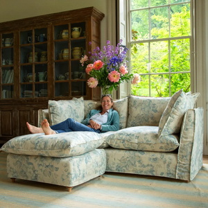 Coco 2.5 seater sofa with Self Piped Knife Edge cushion in Andrew Martin Midsummer Faded Blue - Hand Made in USA