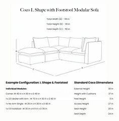 Coco L-Shaped Sofa with Footstool in Customer's Own Material - Handmade to Order in the USA