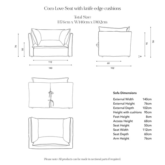 Coco Loose Cover Loveseat with Box Edge cushions in Customer's Own Material - Handmade to Order in the USA
