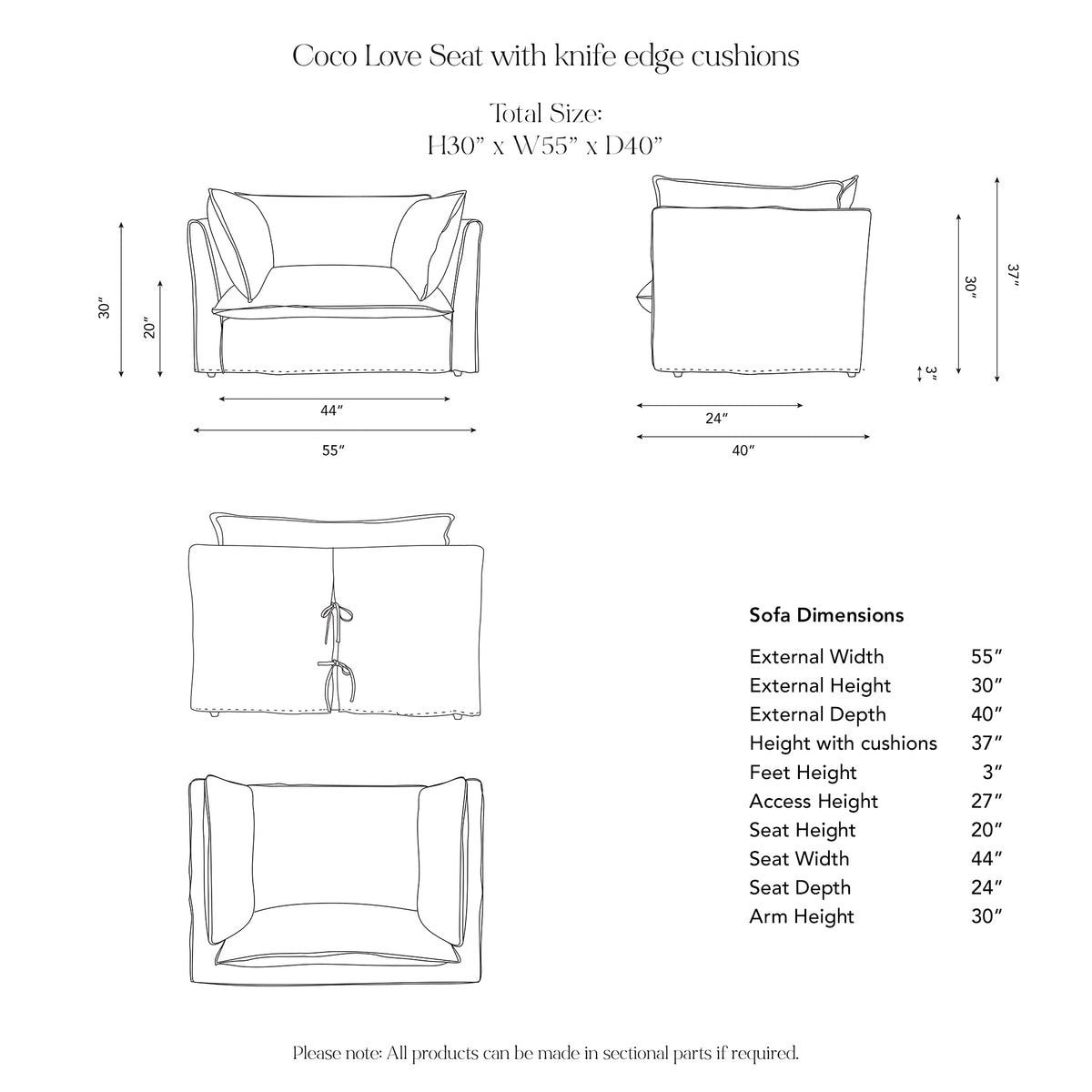 Coco Loveseat with Self Piped Box Edge cushion in Customers Own Material (excl. Fabric)  - Hand Made in USA