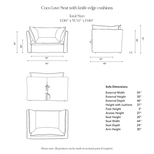 Coco Loveseat with Self Piped Box Edge cushion in Garden Grey Stripes - Hand Made in USA