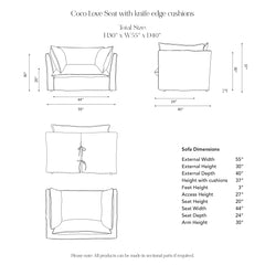 Coco Loveseat with Self Piped Knife Edge cushion in Cotton Linen Rosedale - Hand Made in USA