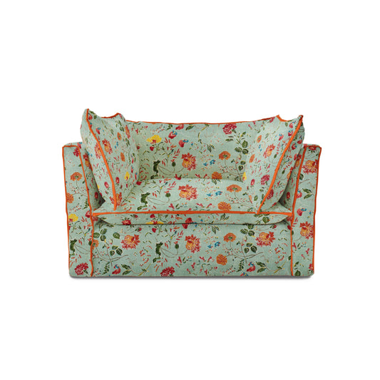 Coco Loveseat with Contrast Welt Knife Edge cushions in Wildwood Duck Egg - Hand Made in USA