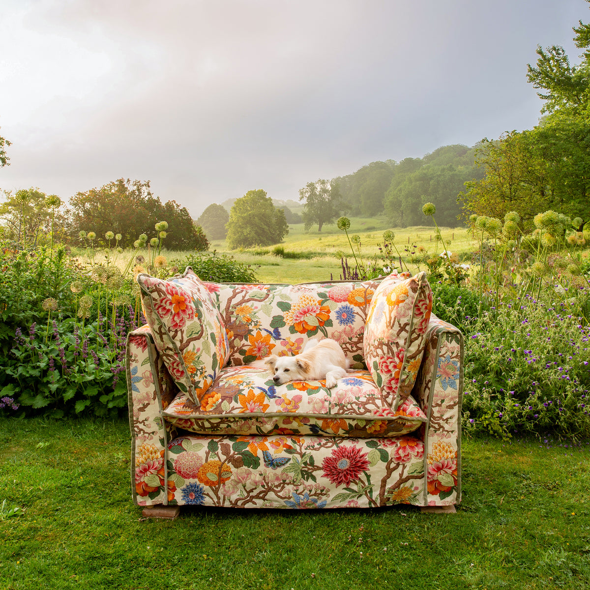 Coco Loveseat with Contrast Welt Knife Edge cushion in GP & J Baker Magnolia Cream Blue  - Hand Made in USA