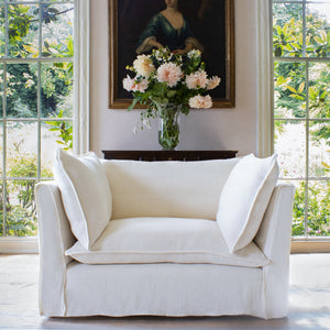 Coco Loveseat with Self Piped Knife Edge cushion in Designers Guild Brera Lino Chalk  - Hand Made in USA