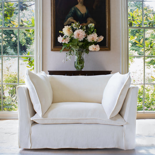 Coco Loveseat with Self Piped Knife Edge cushion in Designers Guild Brera Lino Chalk  - Hand Made in USA