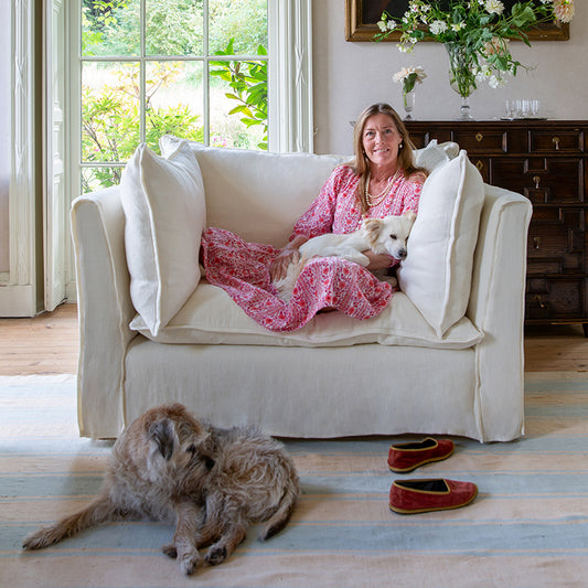 Coco Loveseat with Self Piped Knife Edge cushion in Cotton Linen Snow Drop  - Hand Made in USA