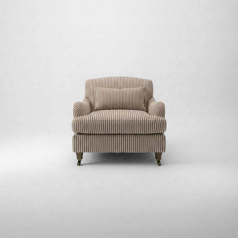 Felix Fixed Cover Armchair in Narrow Chocolate Stripes - Hand Made in USA