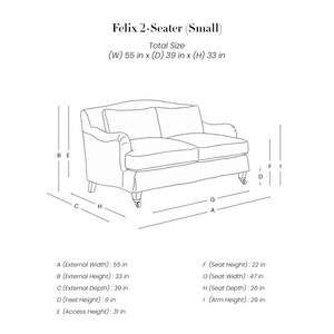 Felix 2 Seater Sofa line drawing with dimensions in inches