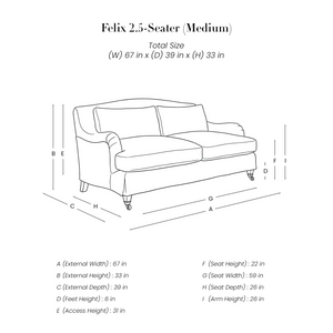 Felix 2.5 Seater Sofa line drawing with dimensions in inches