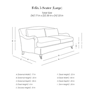 Felix 3 Seater Sofa line drawing with dimensions in inches