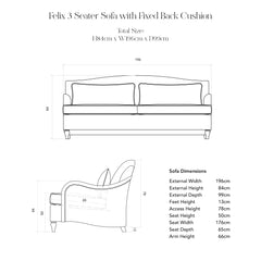 Felix Fixed Cover 3 seater sofa in Cotton Linen Snow Drop - Handmade to Order in the USA