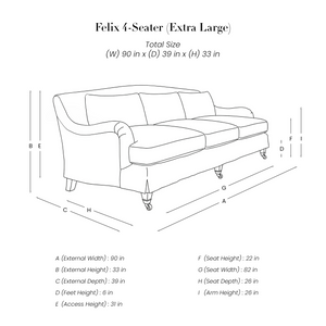 Felix 4 Seater Sofa line drawing with dimensions in inches