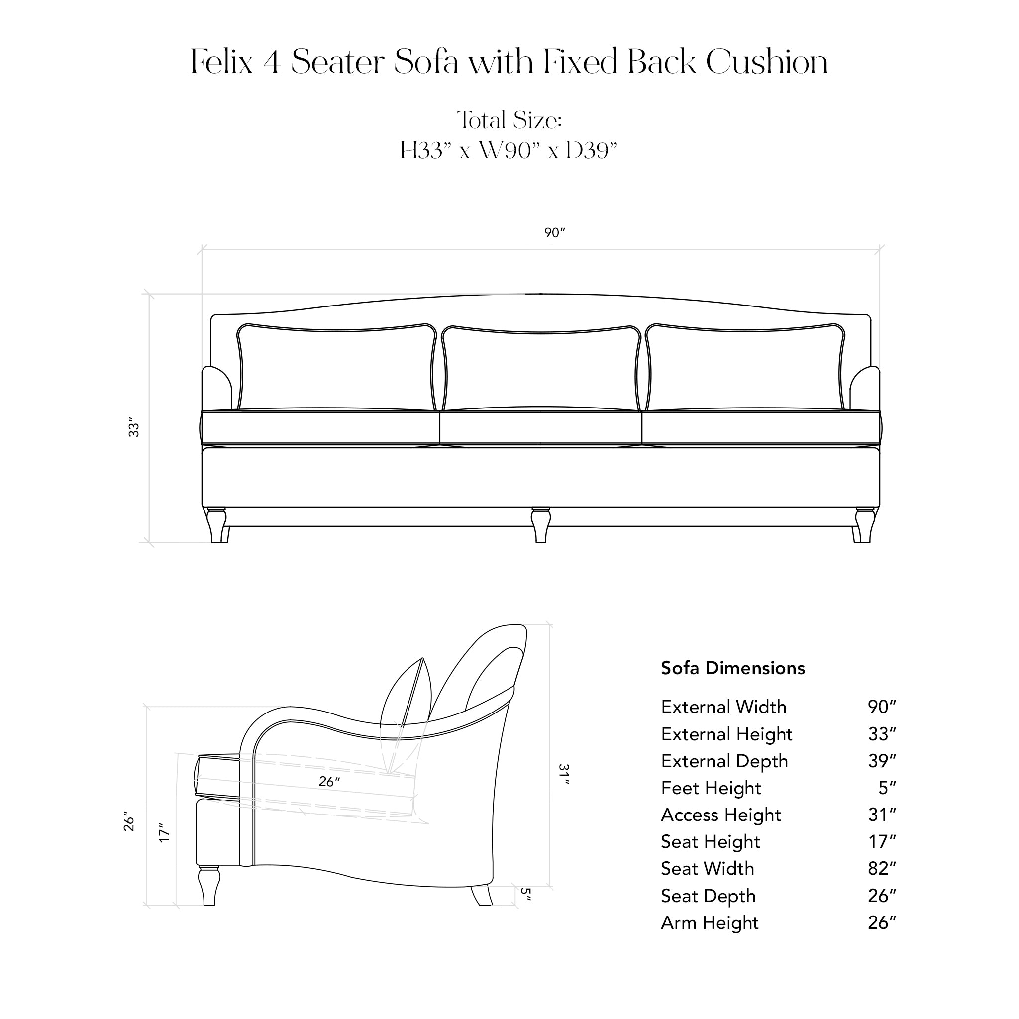 Felix 4 Seater Sofa Illustration with Dimensions