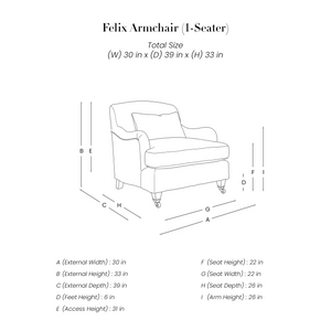 Felix Armchair (1-Seater) line drawing with dimensions in inches