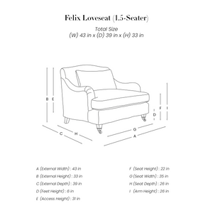 Felix Loveseat line drawing with dimensions in inches