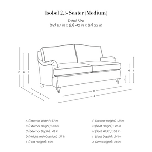 Isobel 2.5 Seater Sofa line drawing with dimensions in inches