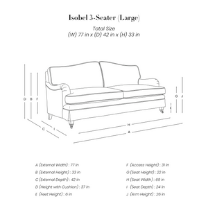 Isobel 3 Seater Sofa line drawing with dimensions in inches