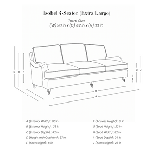 Isobel 4 Seater Sofa line drawing with dimensions in inches