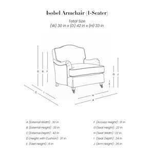 Isobel Armchair (1-Seater) line drawing with dimensions in inches