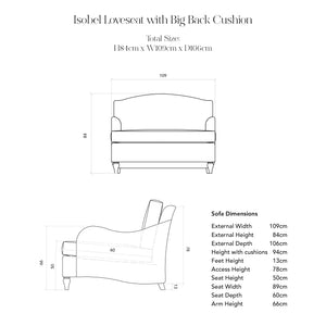 Isobel Fixed Cover Loveseat in Cotton Linen Snow Drop - Handmade to Order in the USA