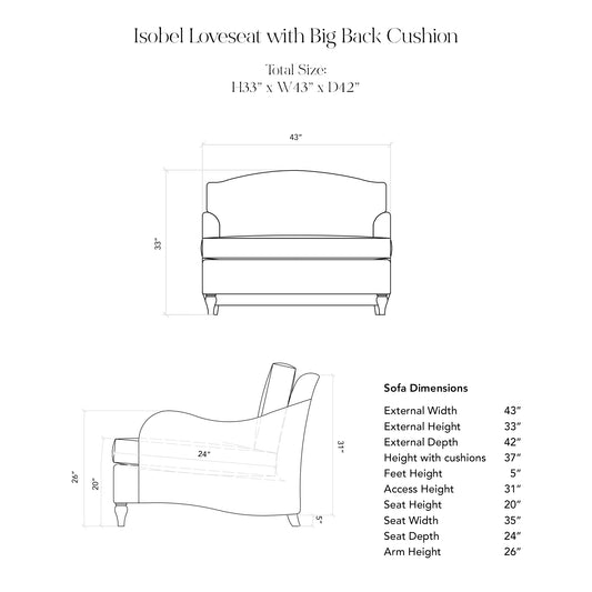 Isobel Loveseat with Big Back Cushion in Caramel Stripe - Hand Made in USA