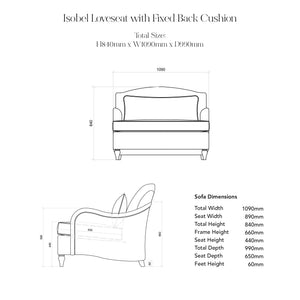 Felix Loveseat in Natural Linen English Garden Classic Rose with Velvet Trim - Hand Made in USA