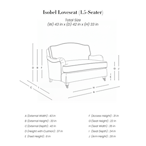 Isobel Loveseat line drawing with dimensions in inches
