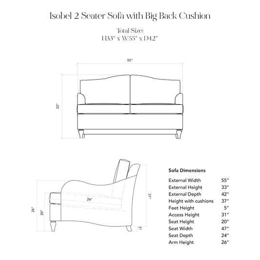 Isobel 2 Seater Sofa with Big Back Cushion in Caramel Stripe - Hand Made in USA