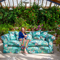 Salthrop Large Sofa with Scatter Cushion in Juniper with Pine Velvet Trim - Hand Made in USA