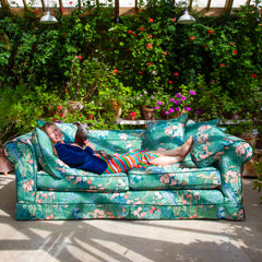 Salthrop Large Sofa with Scatter Cushion in Juniper with Pine Velvet Trim - Hand Made in USA