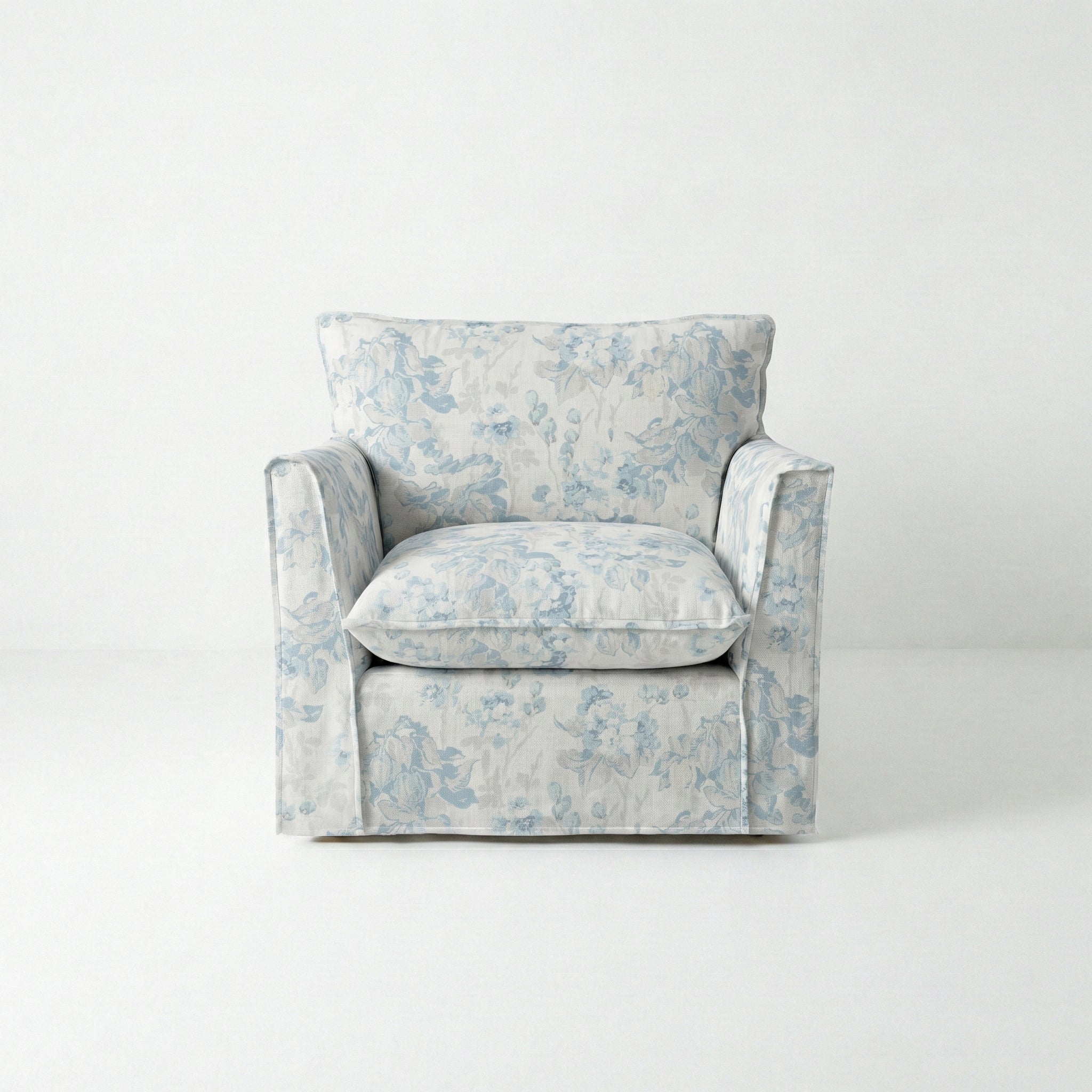 Coco Armchair with Self Piped Knife Edge cushion in Andrew Martin Midsummer Faded Blue - Hand Made in USA