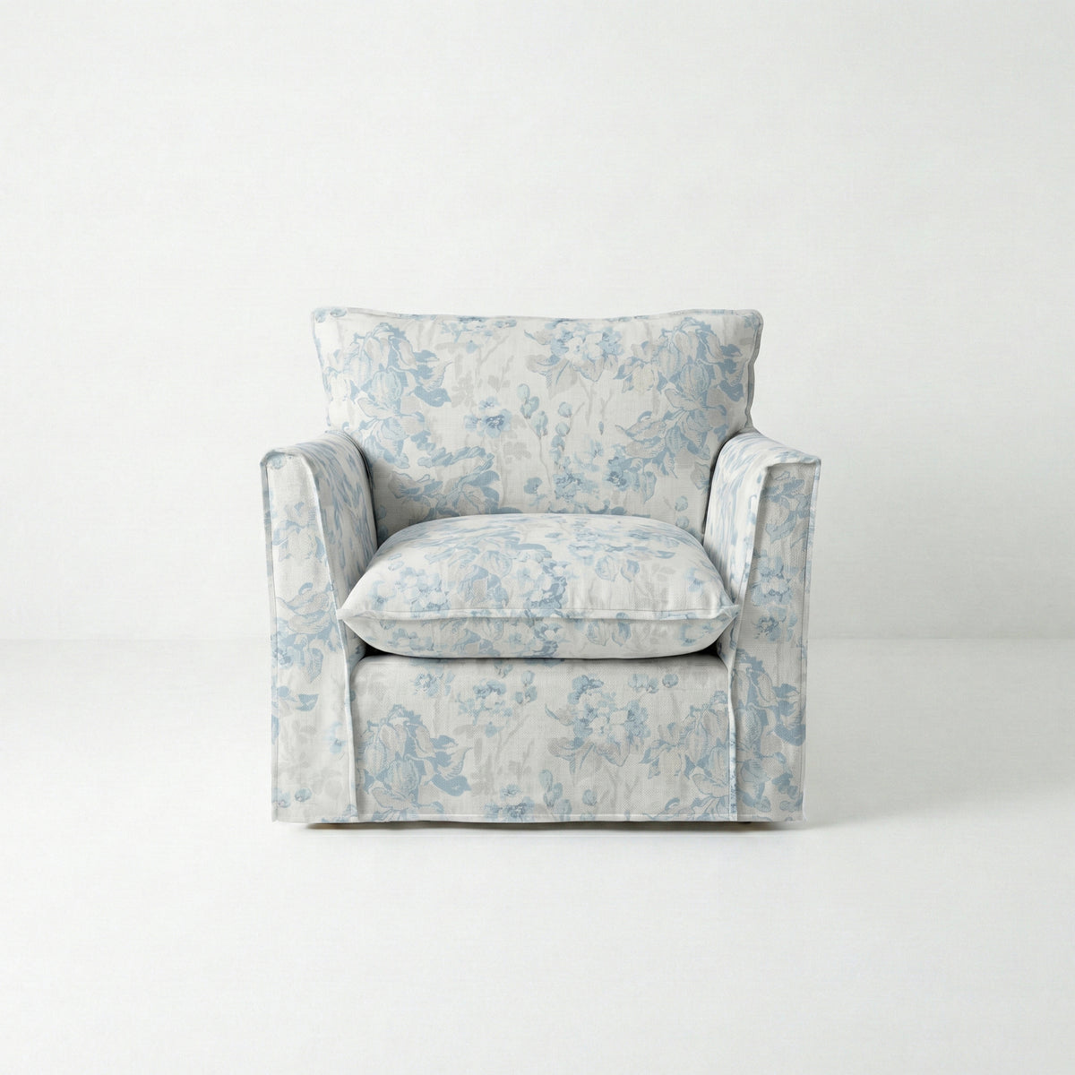 Coco Armchair with Self Piped Knife Edge cushion in Andrew Martin Midsummer Faded Blue - Hand Made in USA