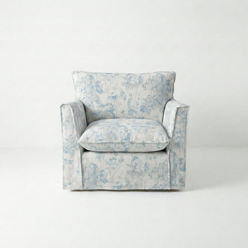 Coco Armchair with Self Piped Knife Edge cushion in Andrew Martin Midsummer Faded Blue - Hand Made in USA