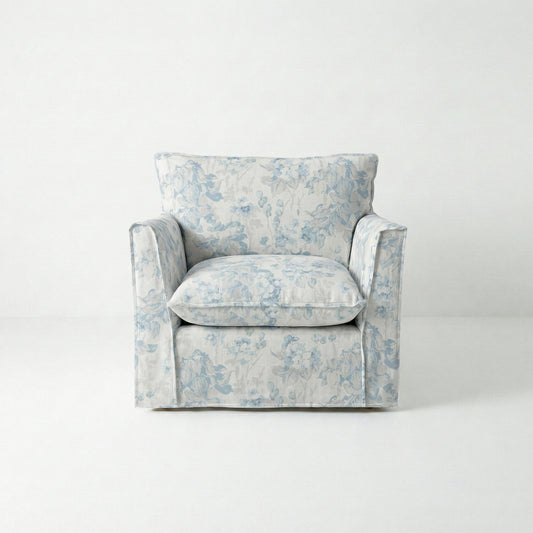 Coco Armchair with Self Piped Knife Edge cushion in Andrew Martin Midsummer Faded Blue - Hand Made in USA