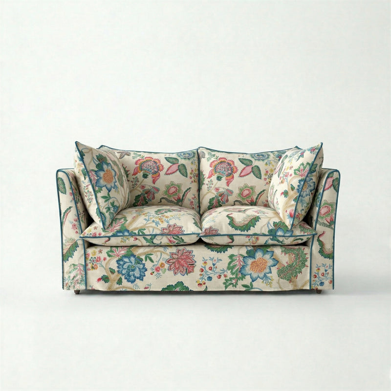Coco 2 seater sofa with Knife Edge cushion in Kitty Spring Green with Velvet Trim - Hand Made in USA
