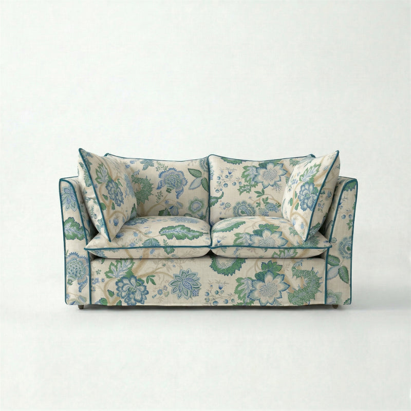 Coco 2 seater sofa with Knife Edge cushion in Kitty Blue Green with Velvet Trim - Hand Made in USA