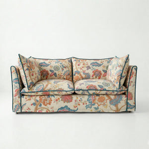 Coco 2.5 seater sofa with Knife Edge cushion in Kitty Indian Summer with Velvet Trim  - Hand Made in USA