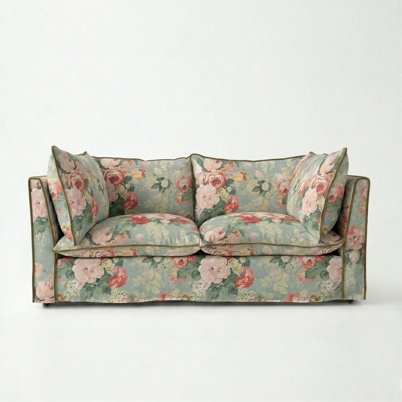 Coco 2.5 seater sofa with Knife Edge cushion in English Garden Grey Skies with Velvet Trim - Hand Made in USA