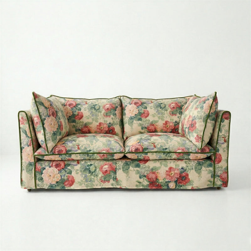 Coco 2.5 seater sofa with Knife Edge cushion in English Garden Classic Rose with Velvet Trim  - Hand Made in USA